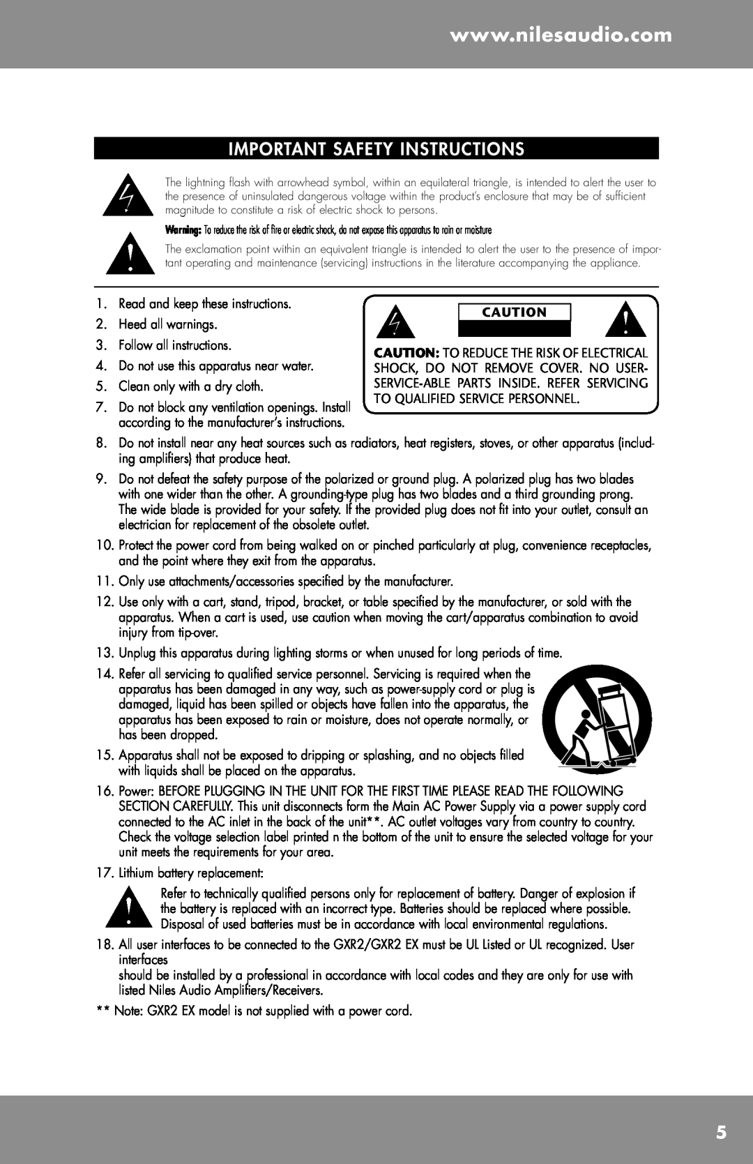 Niles Audio GXR2 manual Important Safety Instructions 