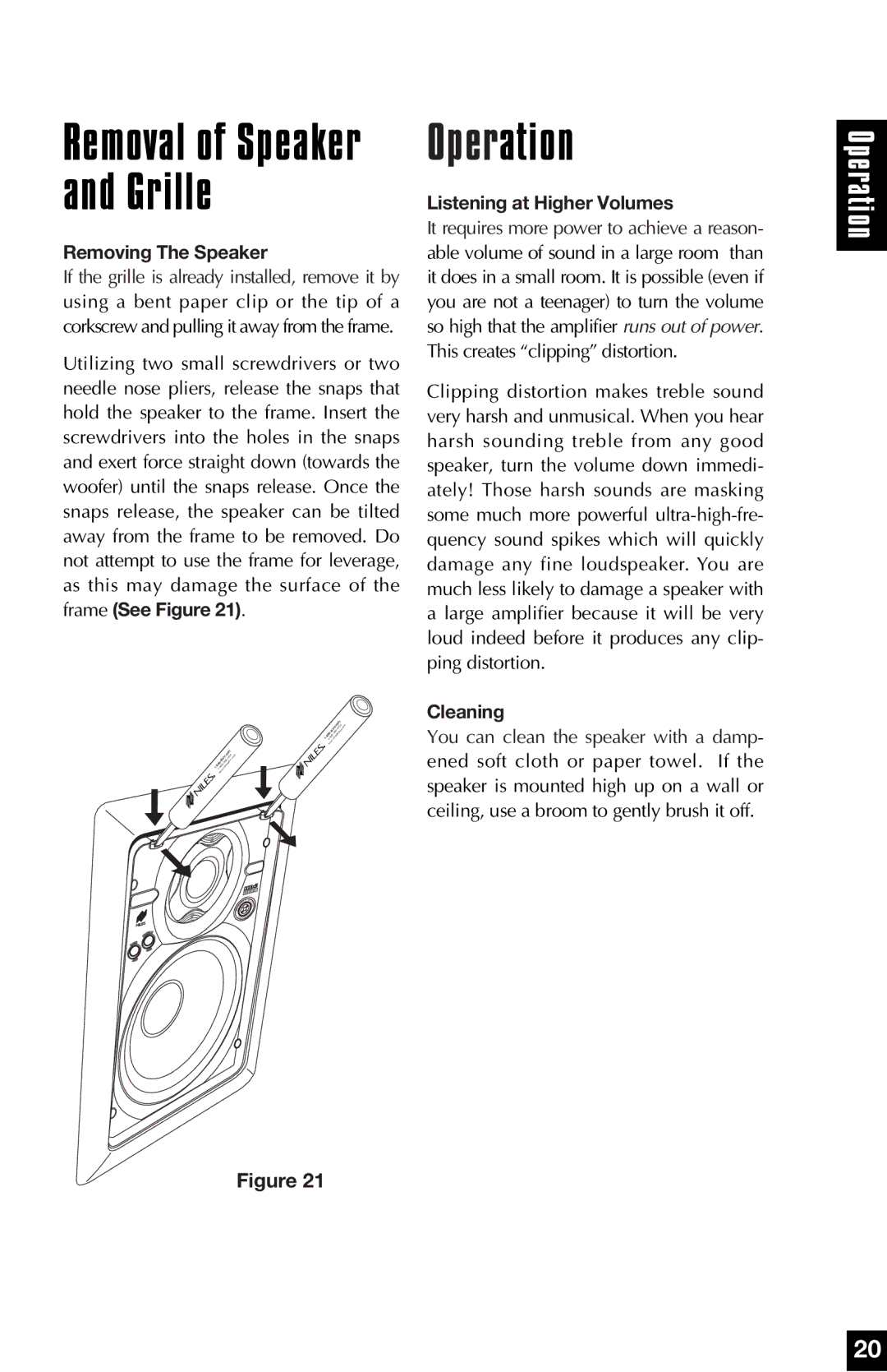 Niles Audio HD8.3, HD5, HD6 manual Operation, Removing The Speaker, Listening at Higher Volumes, Cleaning 