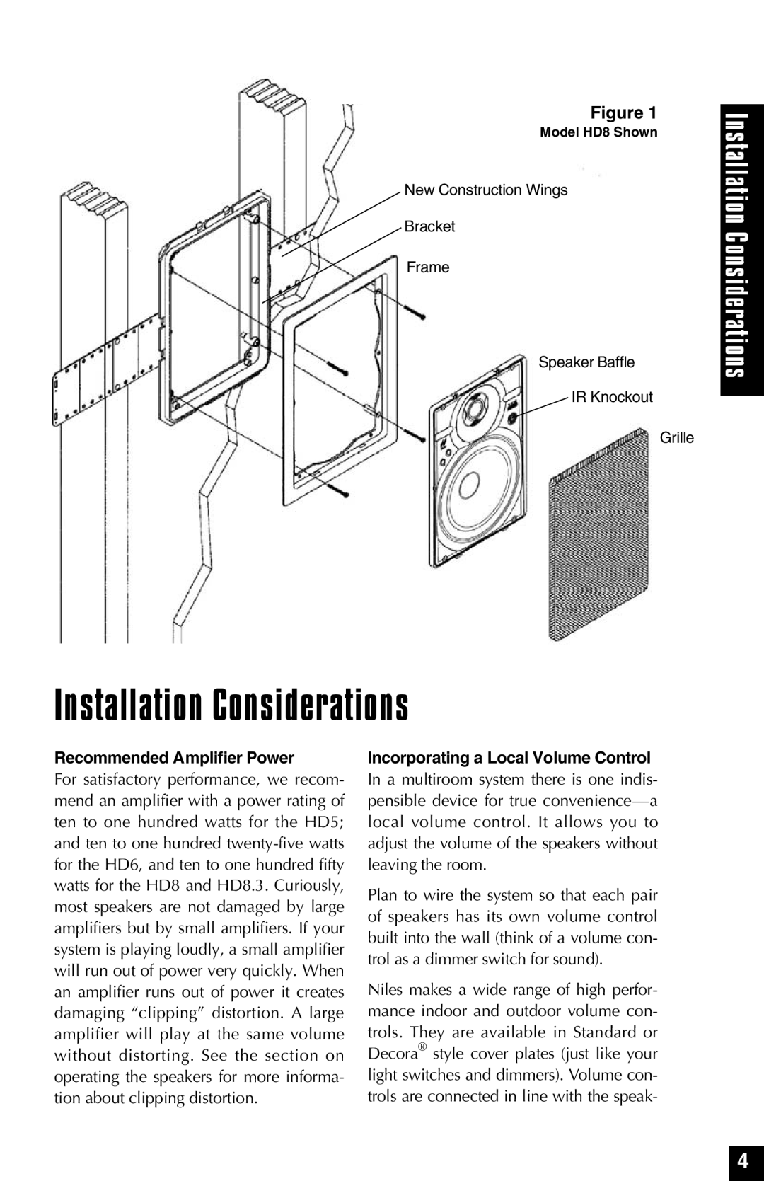 Niles Audio HD8.3, HD5, HD6 Installation Considerations, Recommended Amplifier Power, Incorporating a Local Volume Control 