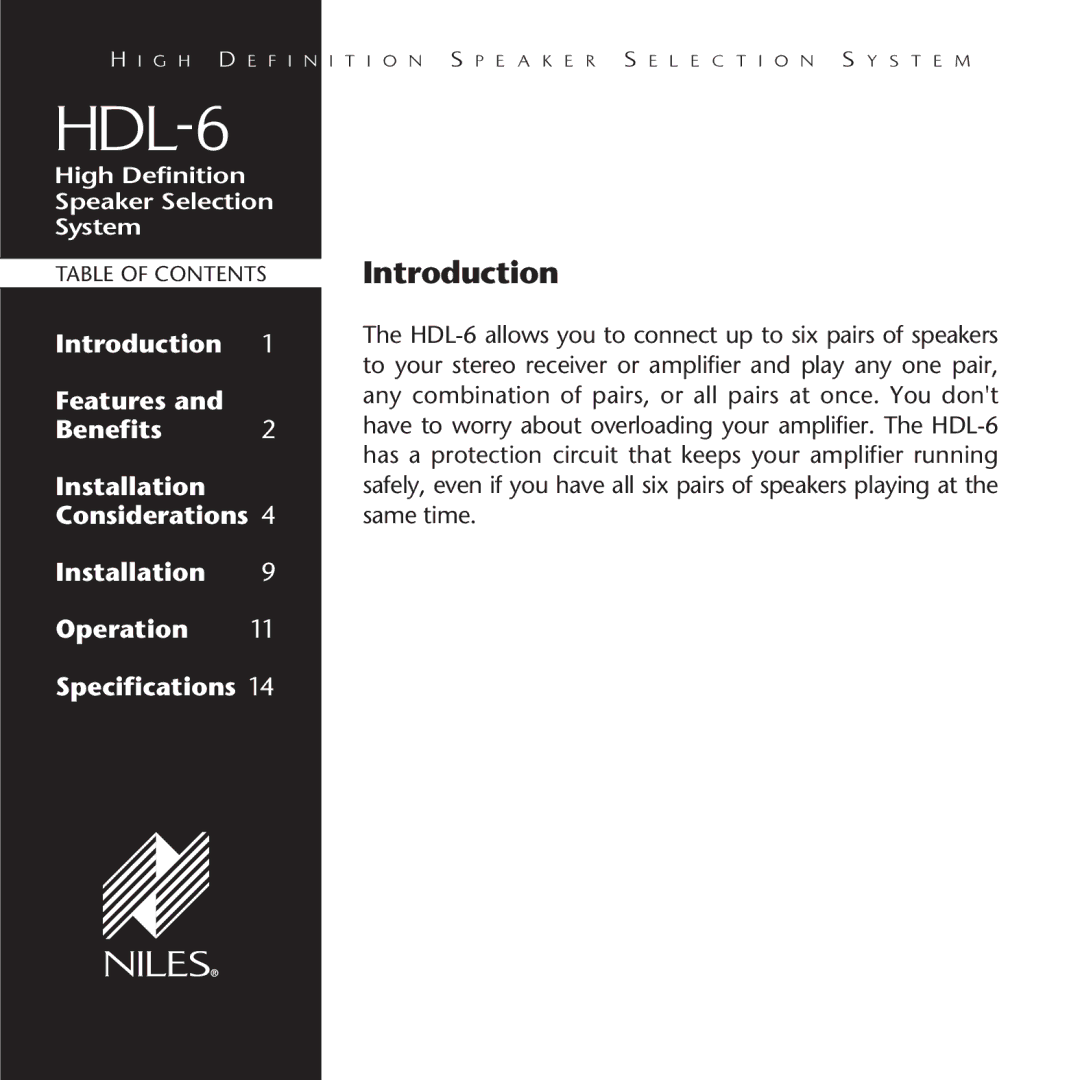 Niles Audio HDL-6 manual Introduction 