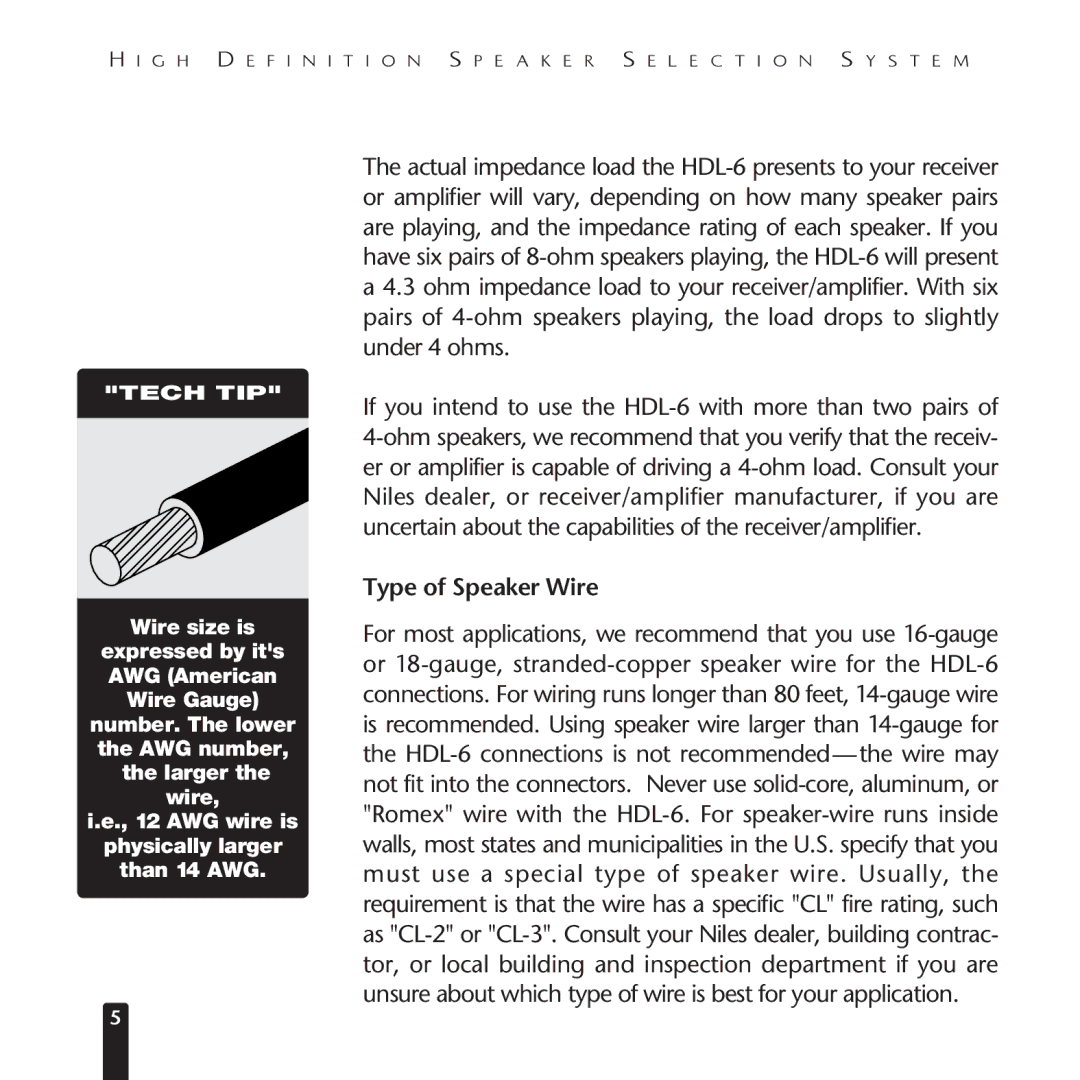 Niles Audio HDL-6 manual Type of Speaker Wire 