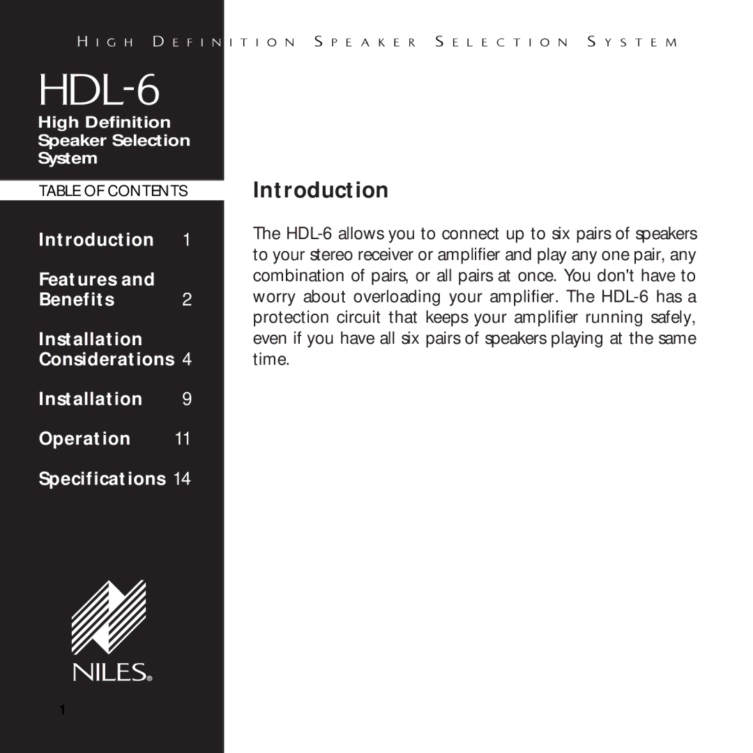 Niles Audio HDL-6 manual Introduction 