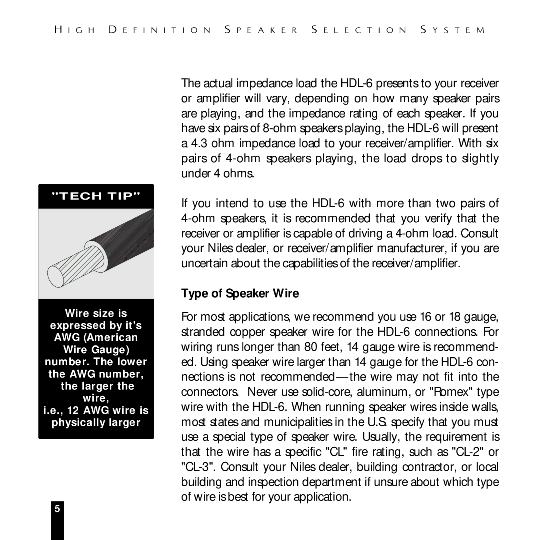 Niles Audio HDL-6 manual Type of Speaker Wire 