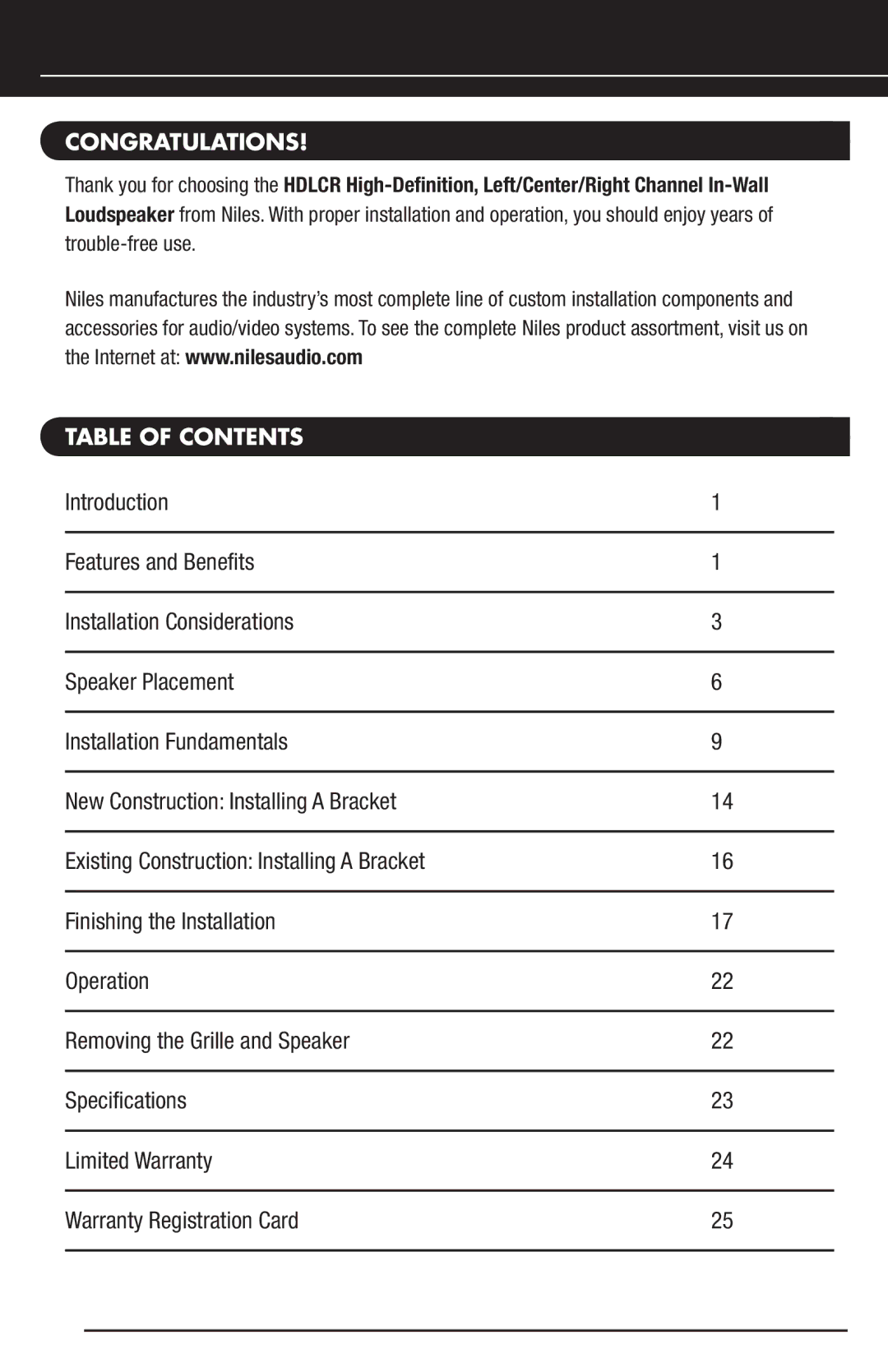 Niles Audio HDLCR manual Congratulations, Table of Contents 