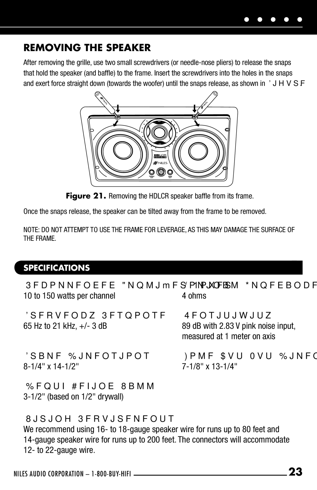 Niles Audio HDLCR manual Removing the Speaker, Specifications 