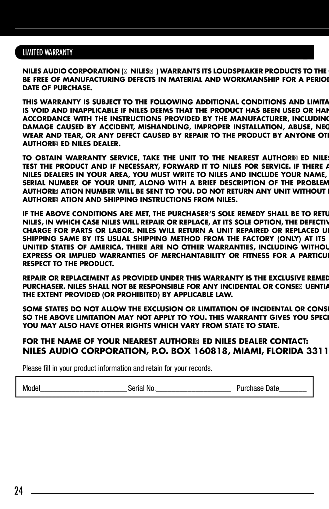 Niles Audio HDLCR manual Limited Warranty 