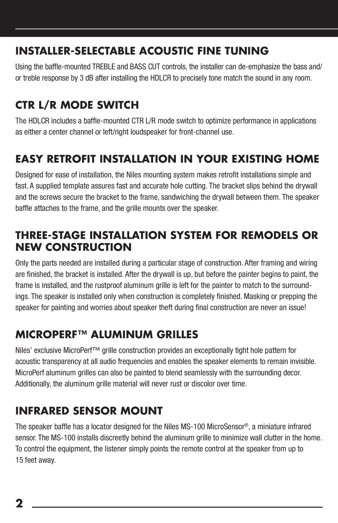 Niles Audio HDLCR manual INSTALLER-SELECTABLE Acoustic Fine Tuning, CTR L/R Mode Switch, Microperf Aluminum Grilles 