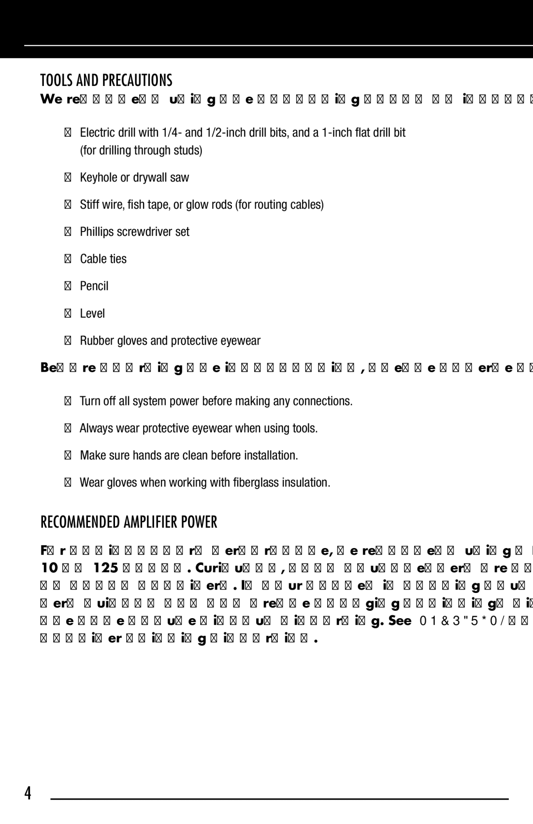 Niles Audio HDLCR manual Tools and Precautions, Recommended Amplifier Power 