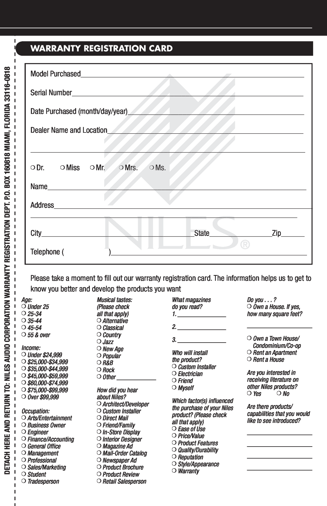 Niles Audio HDLCR Warranty Registration Card, Musical tastes, Under, Please check, 25-34, all that apply, 35-44, 45-54 