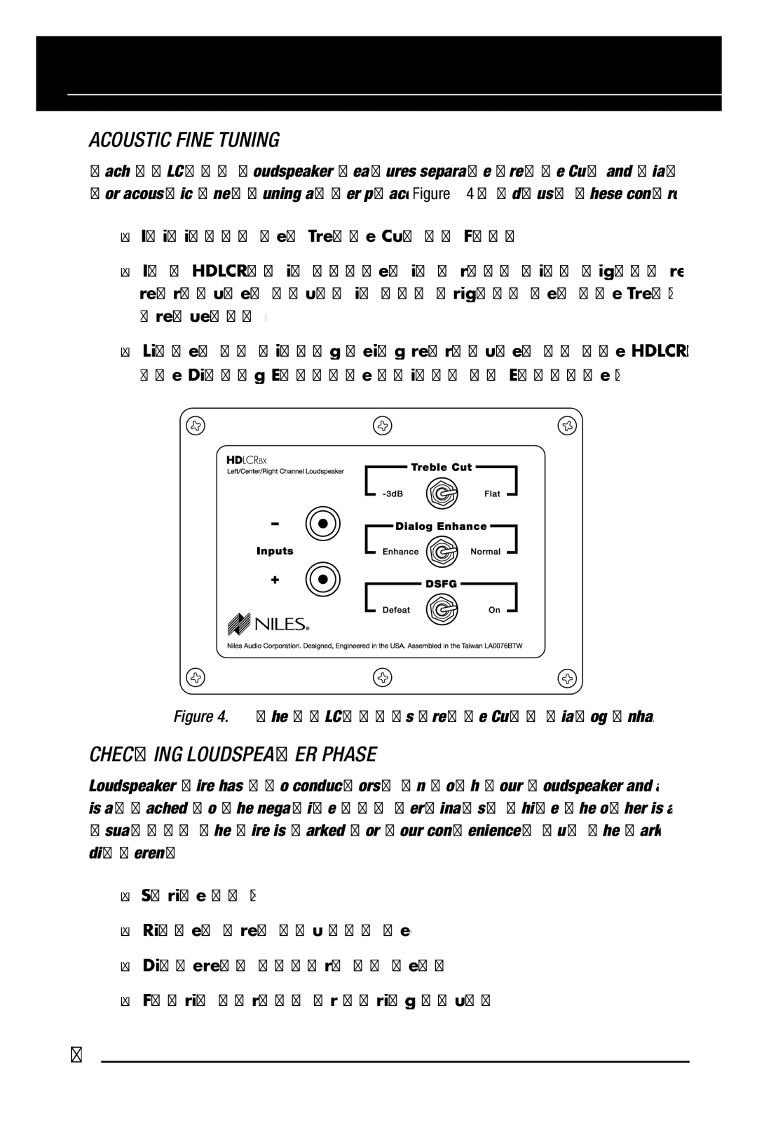 Niles Audio HDLCRBX manual Checking Loudspeaker Phase, HDLCRbx’s Treble Cut, Dialog Enhance, and D.S.F.G. switches 