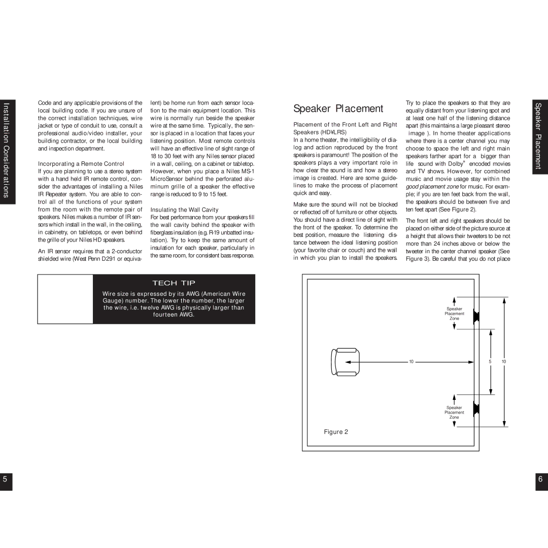 Niles Audio HDLRS, HDCTR manual Speaker Placement, Incorporating a Remote Control, Insulating the Wall Cavity 