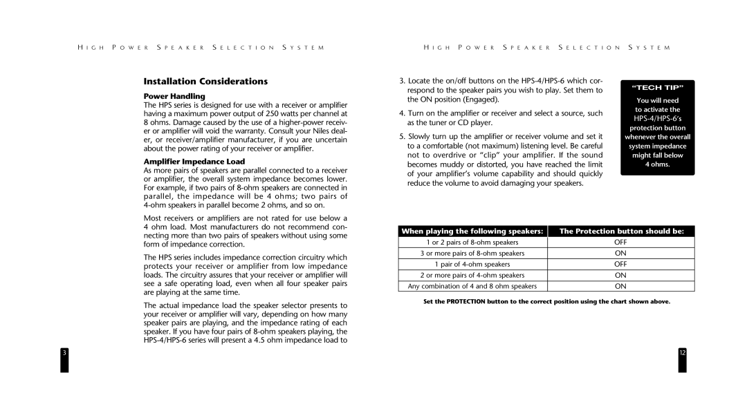 Niles Audio HPS-4/HPS-6 Installation Considerations, Power Handling, Amplifier Impedance Load, You will need to activate 