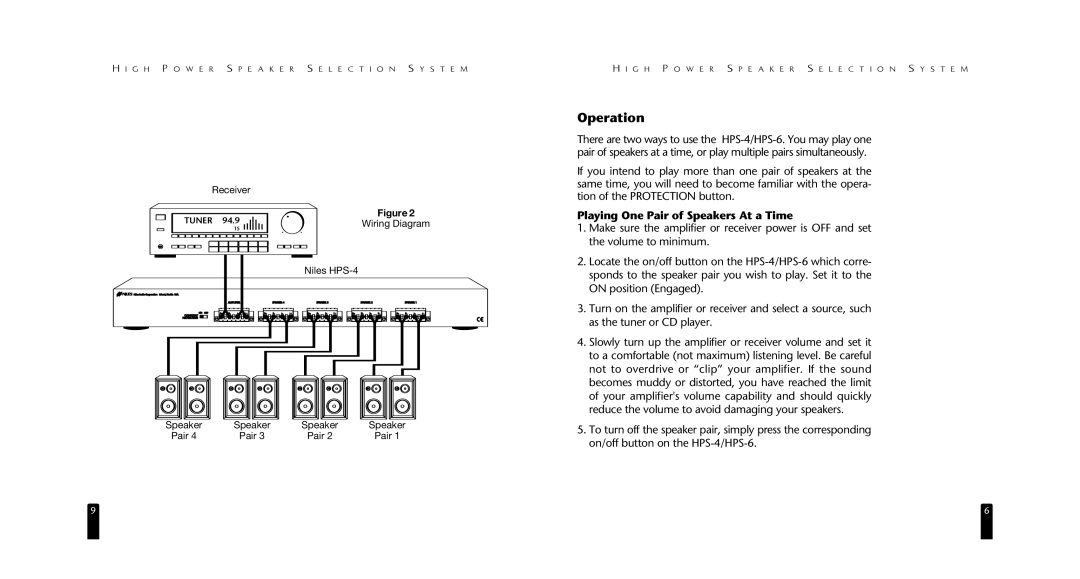 Niles Audio HPS-4/HPS-6 specifications Operation, Playing One Pair of Speakers At a Time, Receiver, Niles HPS-4 