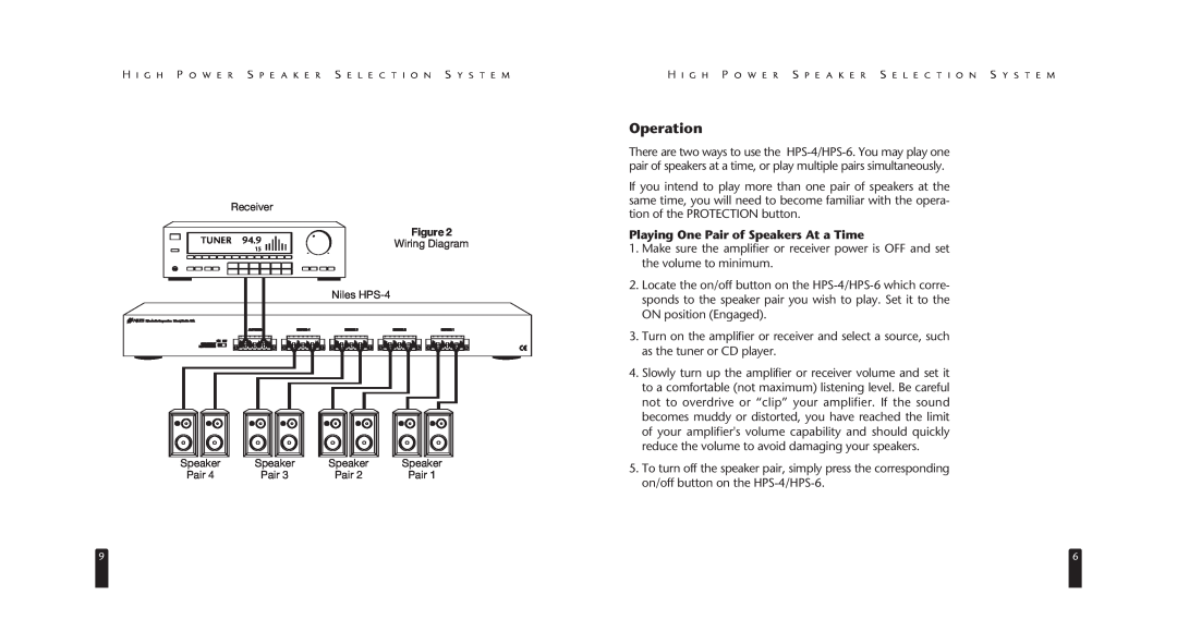 Niles Audio HPS-4/HPS-6 specifications Operation, Playing One Pair of Speakers At a Time 