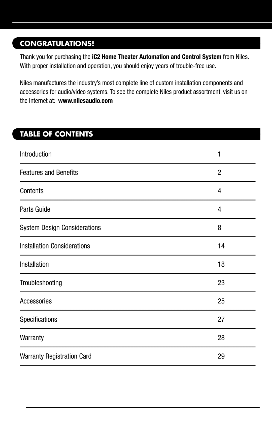 Niles Audio iC2 manual Congratulations, Table of Contents 