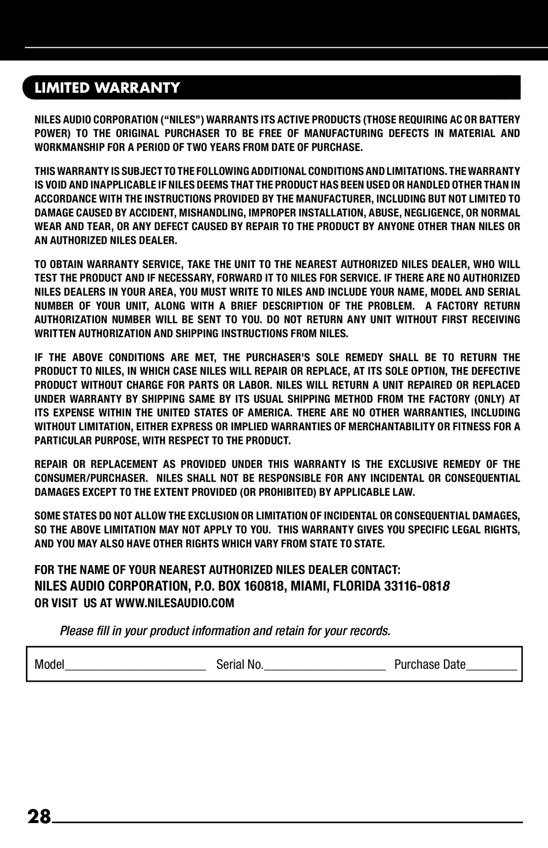 Niles Audio iC2 manual Limited Warranty, For the Name of Your Nearest Authorized Niles Dealer Contact 