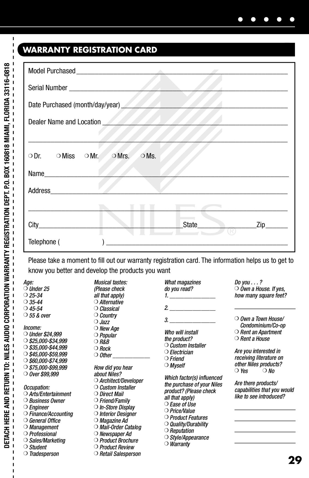 Niles Audio iC2 manual Warrantyregistrationcardcard, Dr. Miss Mr. Mrs. Ms 