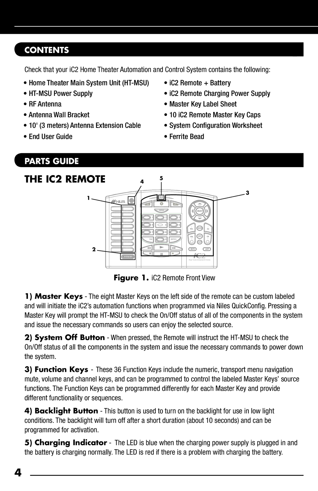 Niles Audio iC2 manual IC2 Remote, Contents, Parts Guide 