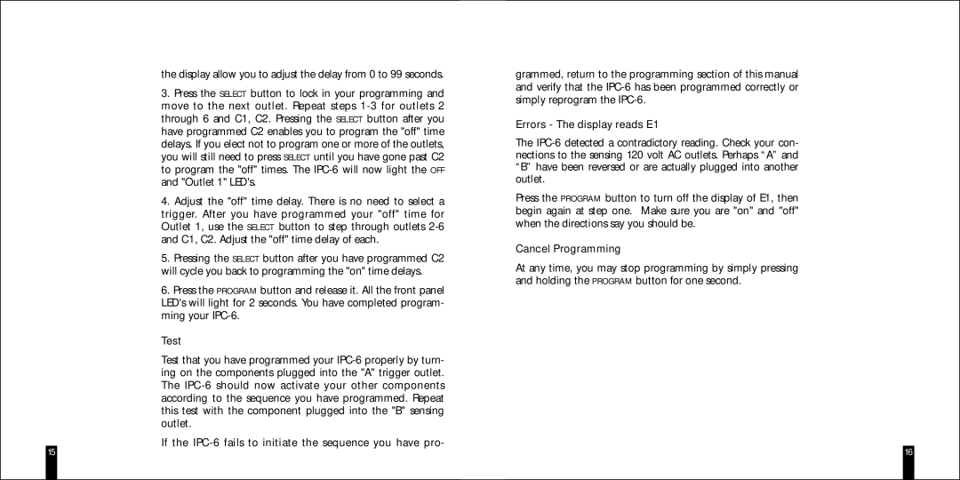 Niles Audio IPC-6 specifications Test, Errors The display reads E1, Cancel Programming 