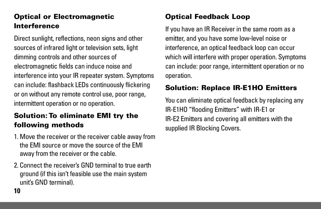 Niles Audio IR-KIT manual Optical or Electromagnetic Interference, Solution To eliminate EMI try the following methods 