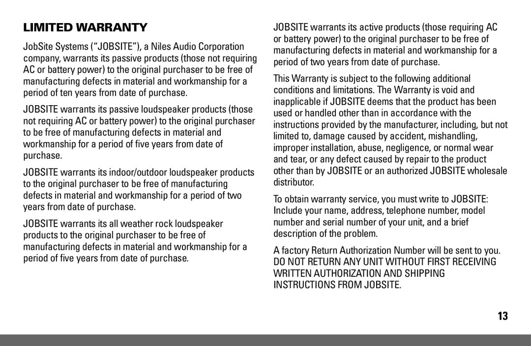 Niles Audio IR-KIT manual Limited Warranty 