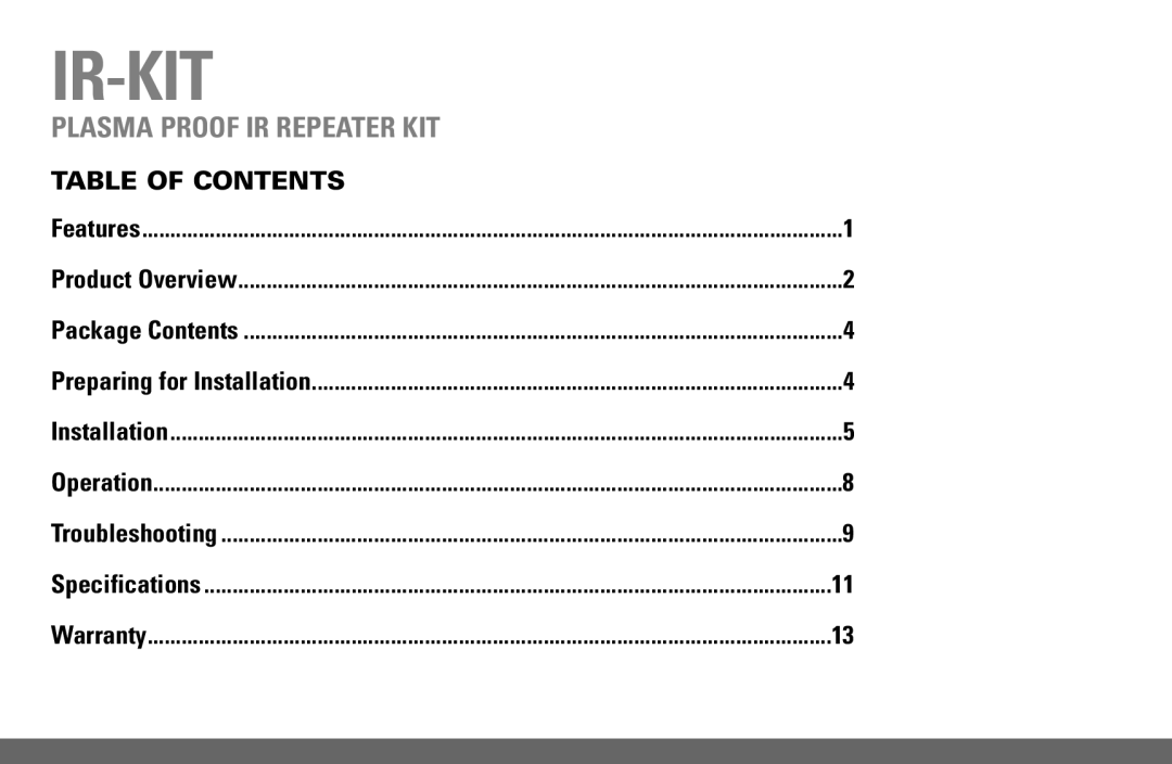 Niles Audio IR-KIT manual Ir-Kit, Table of Contents 