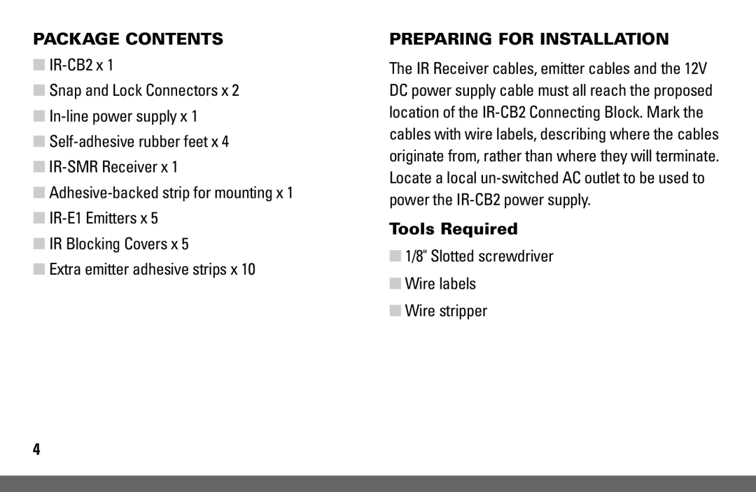 Niles Audio IR-KIT manual Package Contents, Preparing for Installation 