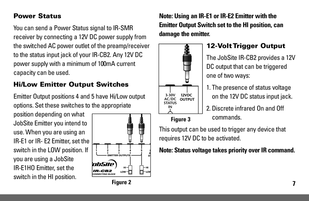 Niles Audio IR-KIT manual Power Status, Hi/Low Emitter Output Switches, Volt Trigger Output, One of two ways, Commands 