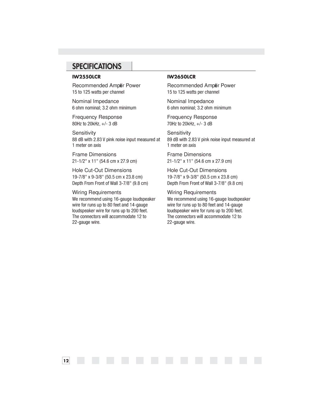 Niles Audio IW2770LCR, IW2550LCR, IW2650LCR, IW2670LCR manual Specifications, Wiring Requirements 