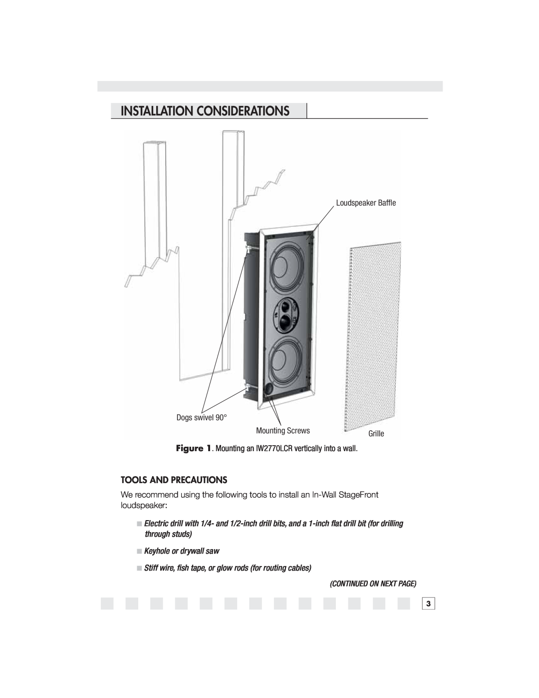 Niles Audio IW2650LCR Installation Considerations, Loudspeaker Bafﬂ e, Dogs swivel, Mounting Screws, Tools And Precautions 