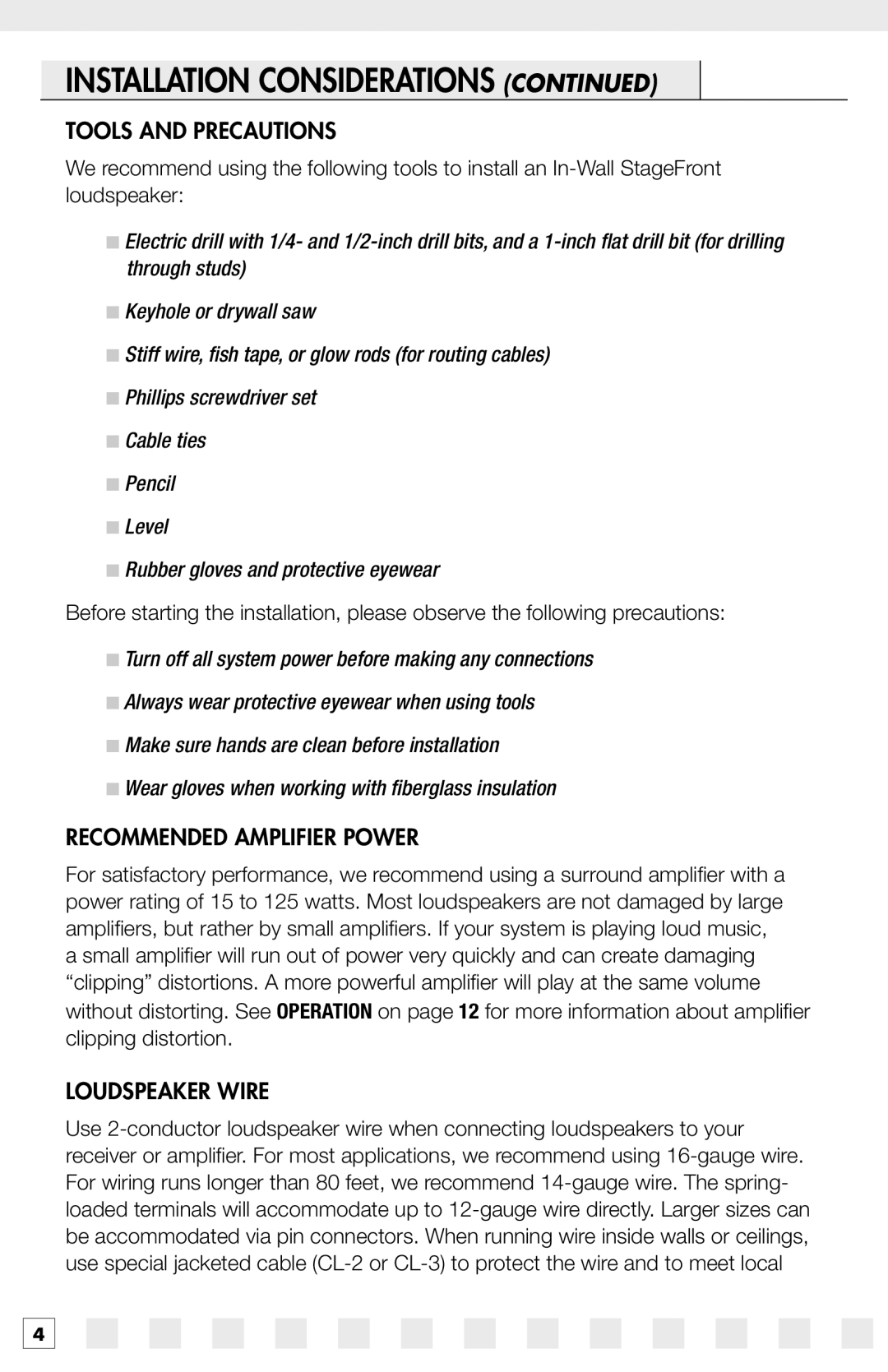 Niles Audio IW770FX, IW650FX manual Tools and Precautions, Recommended Amplifier Power, Loudspeaker Wire 