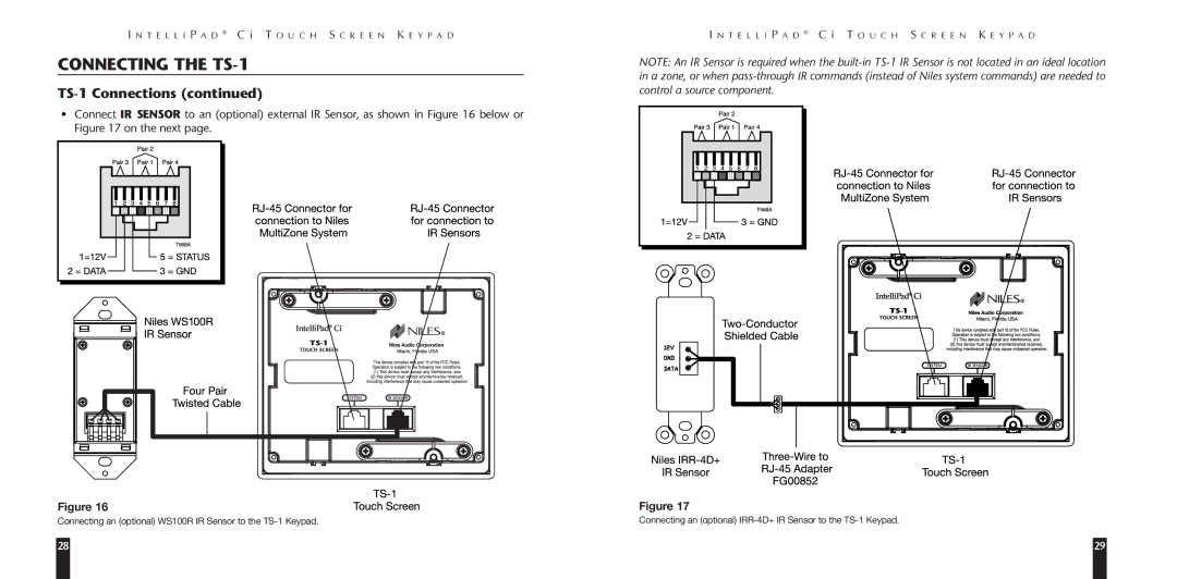 Niles Audio LZR510 manual Connecting an optional WS100R IR Sensor to the TS-1 Keypad 