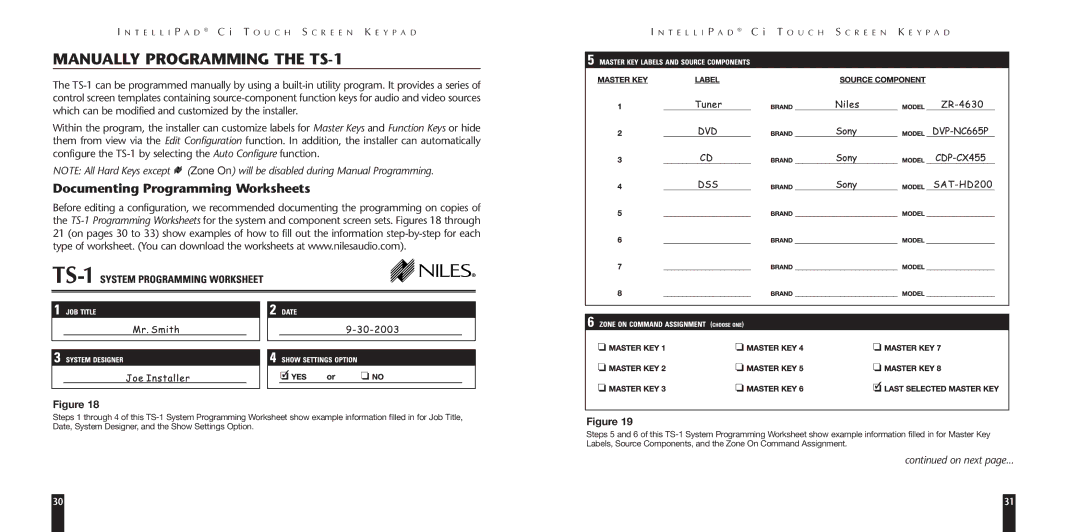 Niles Audio LZR510 manual Manually Programming the TS-1, Documenting Programming Worksheets 