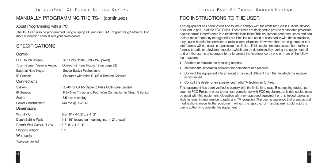 Niles Audio LZR510 manual Specifications, FCC Instructions to the User 