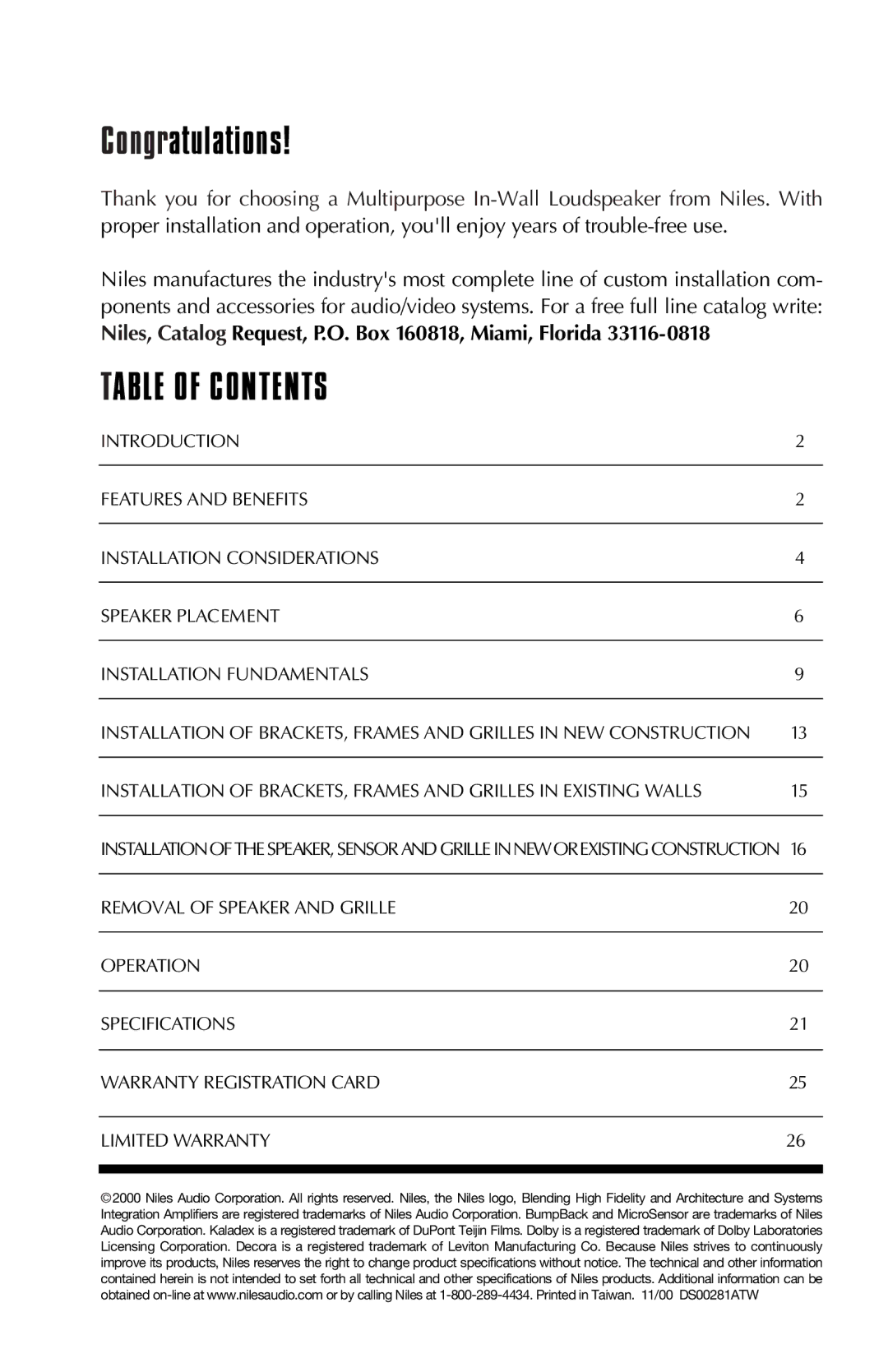 Niles Audio MP6, MP5 manual Table of Contents 