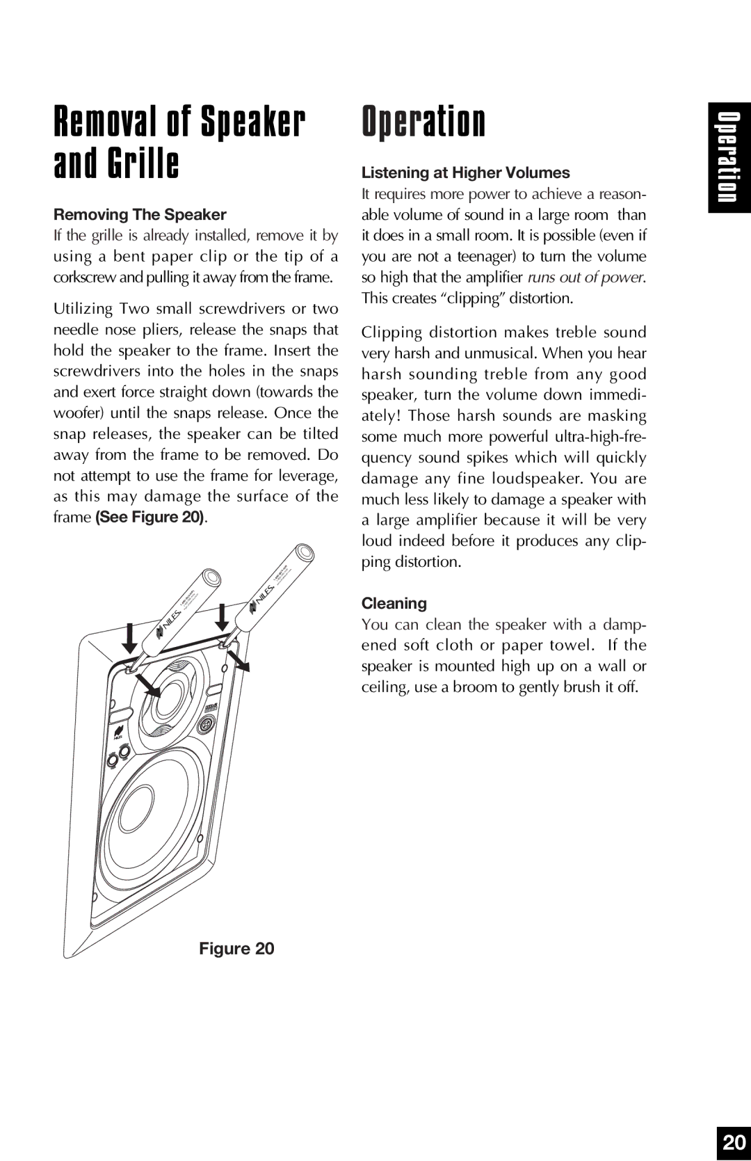 Niles Audio MP5, MP6 manual Operation, Removing The Speaker, Listening at Higher Volumes, Cleaning 