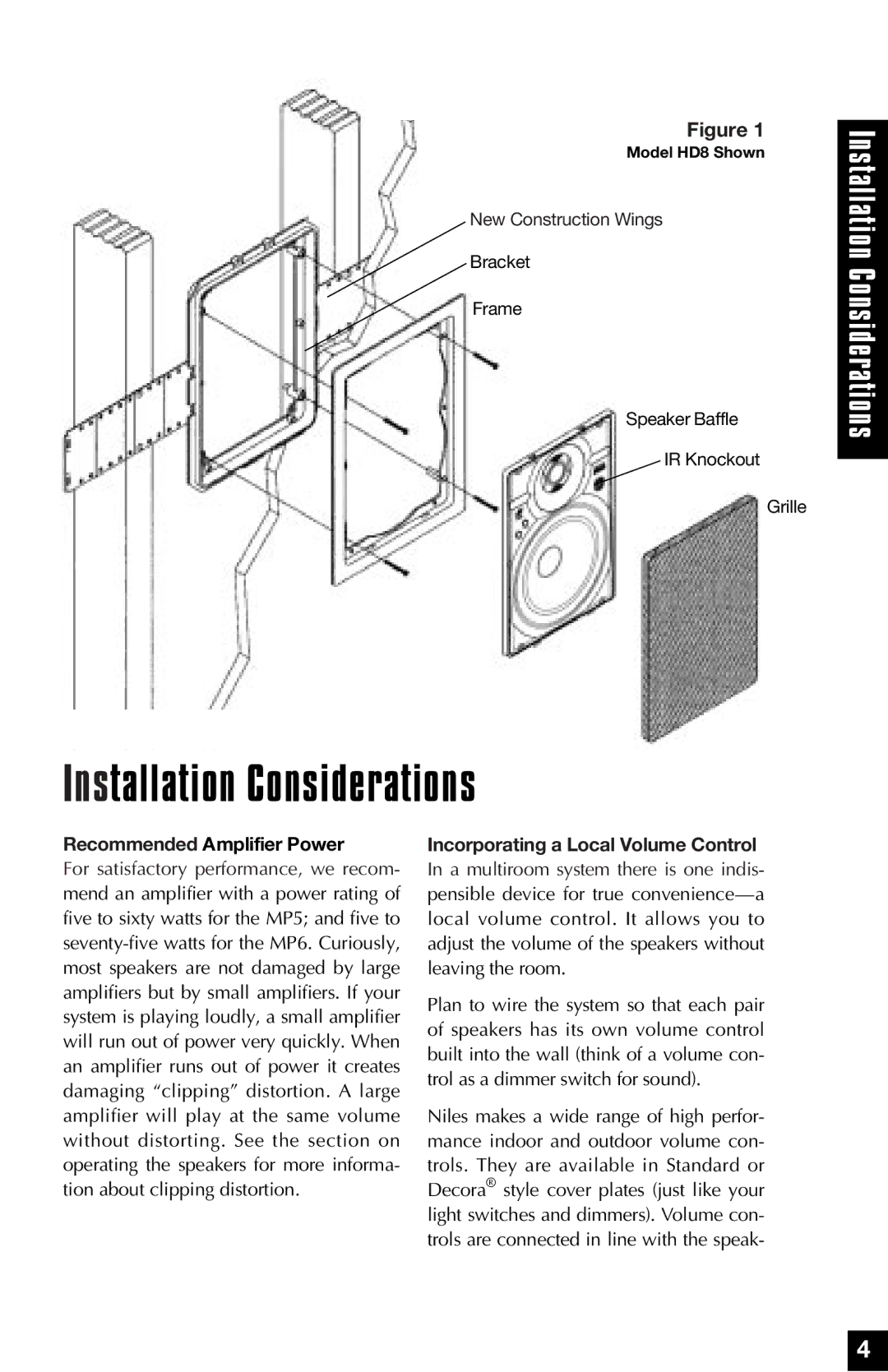 Niles Audio MP5, MP6 manual Installation Considerations, Recommended Amplifier Power, Incorporating a Local Volume Control 