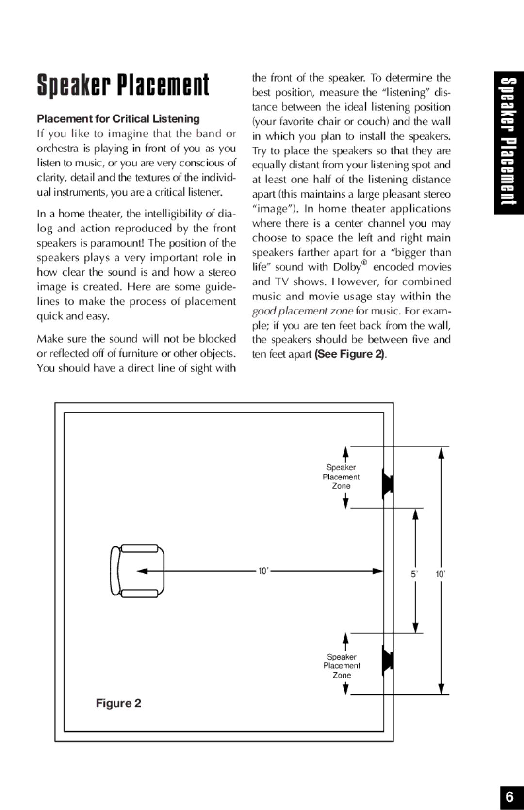 Niles Audio MP5, MP6 manual Speaker Placement, Placement for Critical Listening 