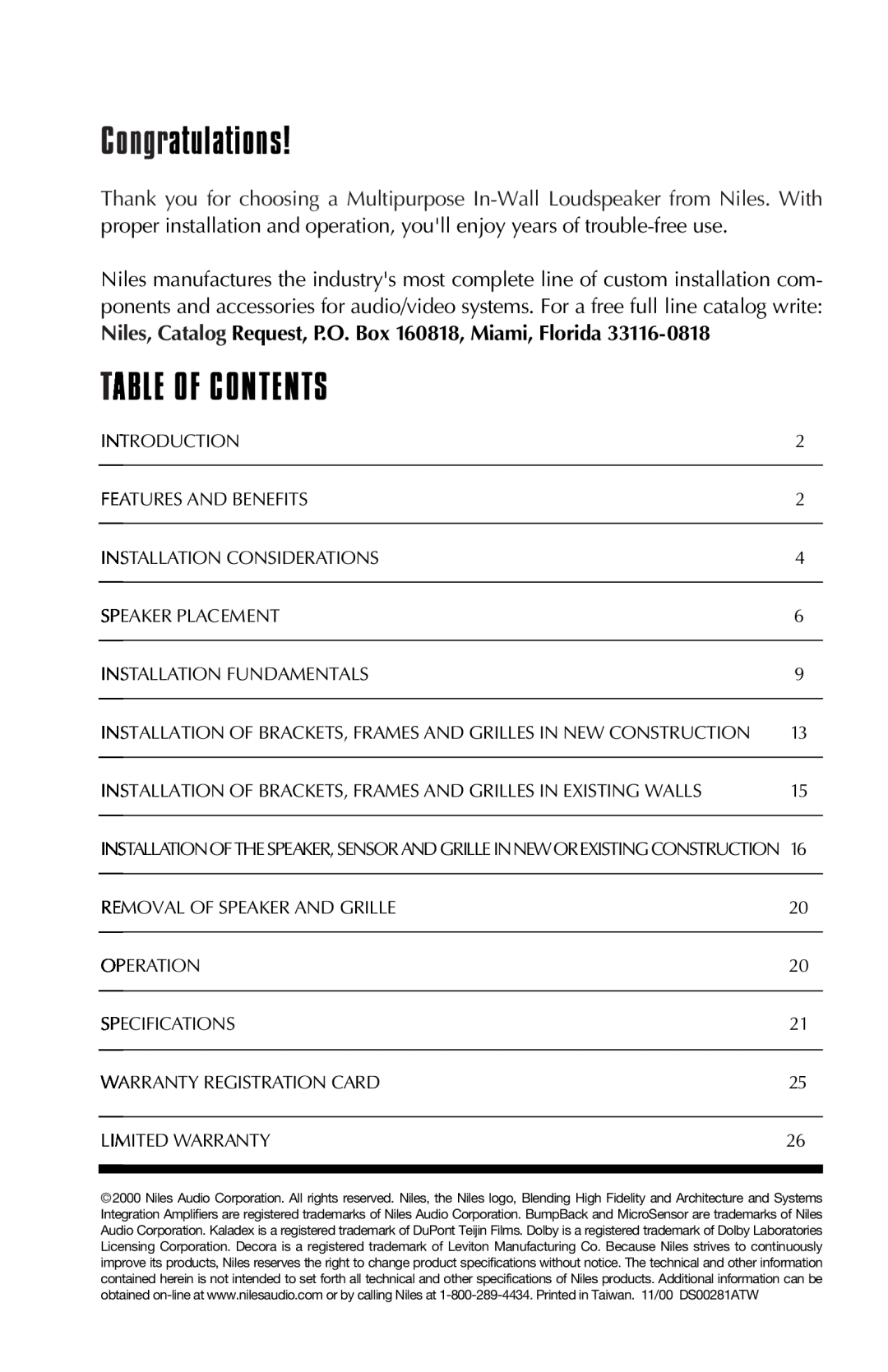 Niles Audio MP6, MP5 manual Congratulations, Table Of Contents 