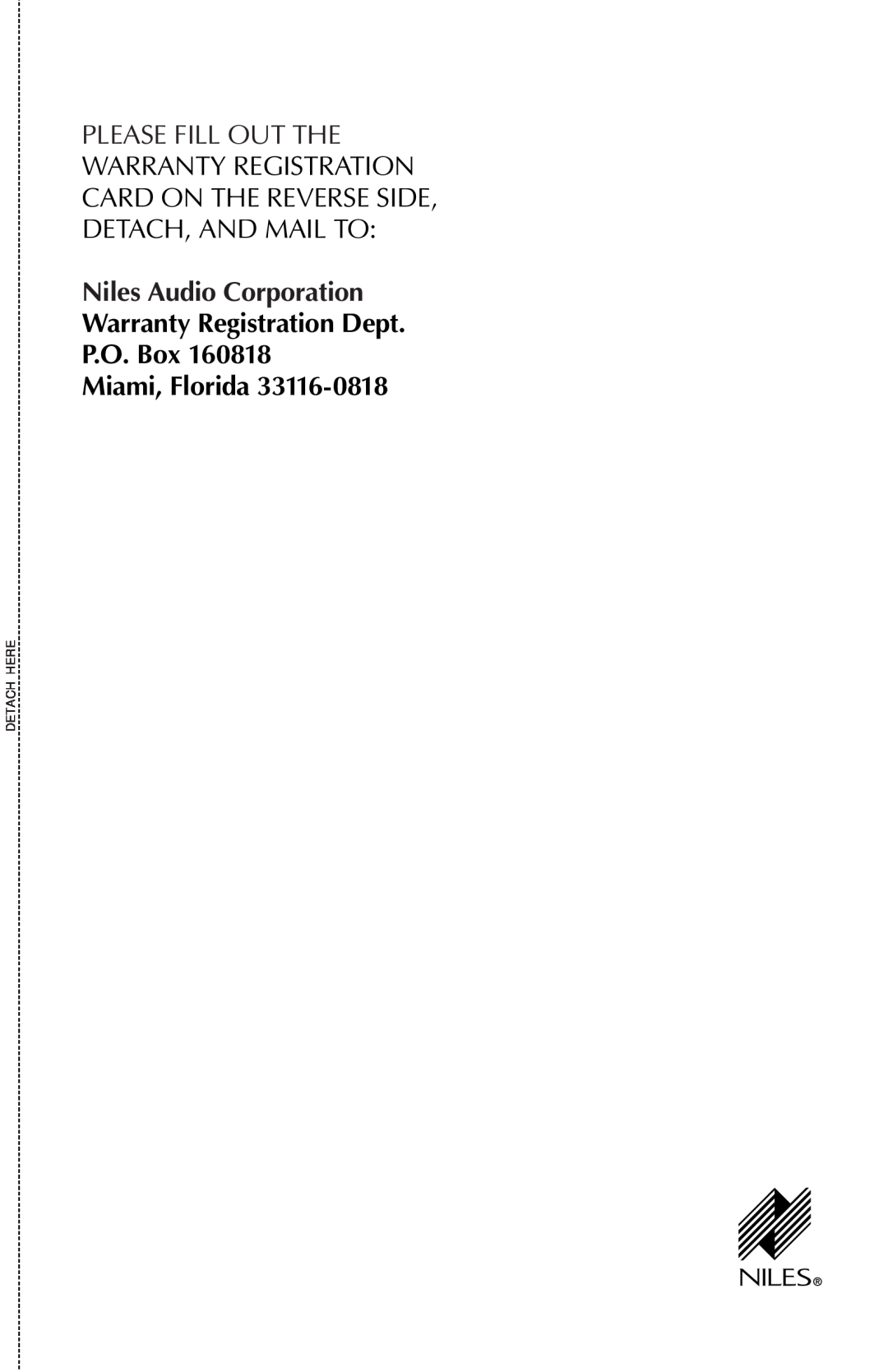 Niles Audio MP5, MP6 manual Niles Audio Corporation, Warranty Registration Dept P.O. Box, Miami, Florida, Detach Here 
