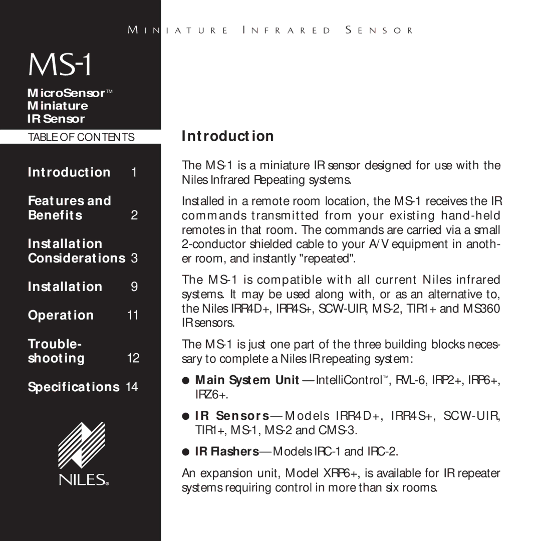 Niles Audio MS-1 manual Introduction 