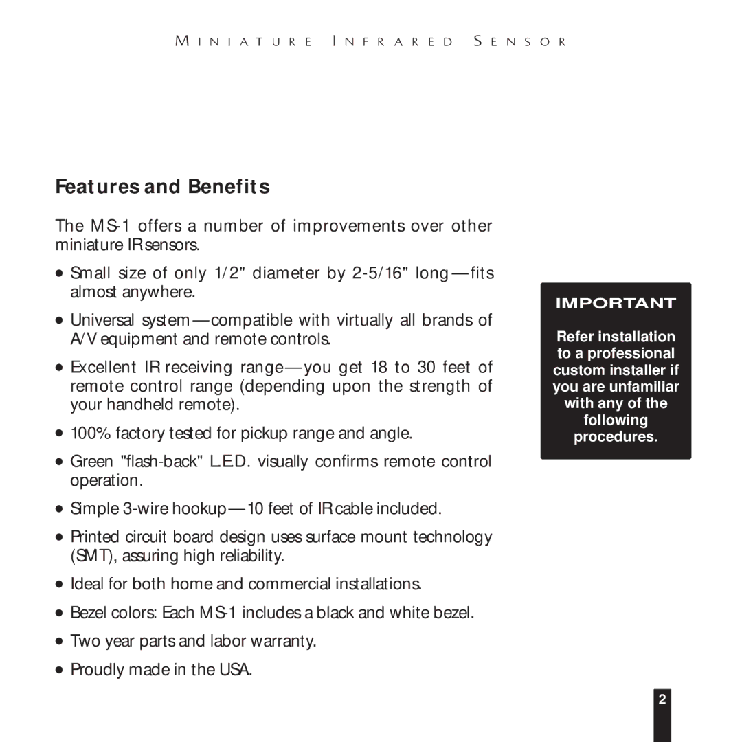 Niles Audio MS-1 manual Features and Benefits 