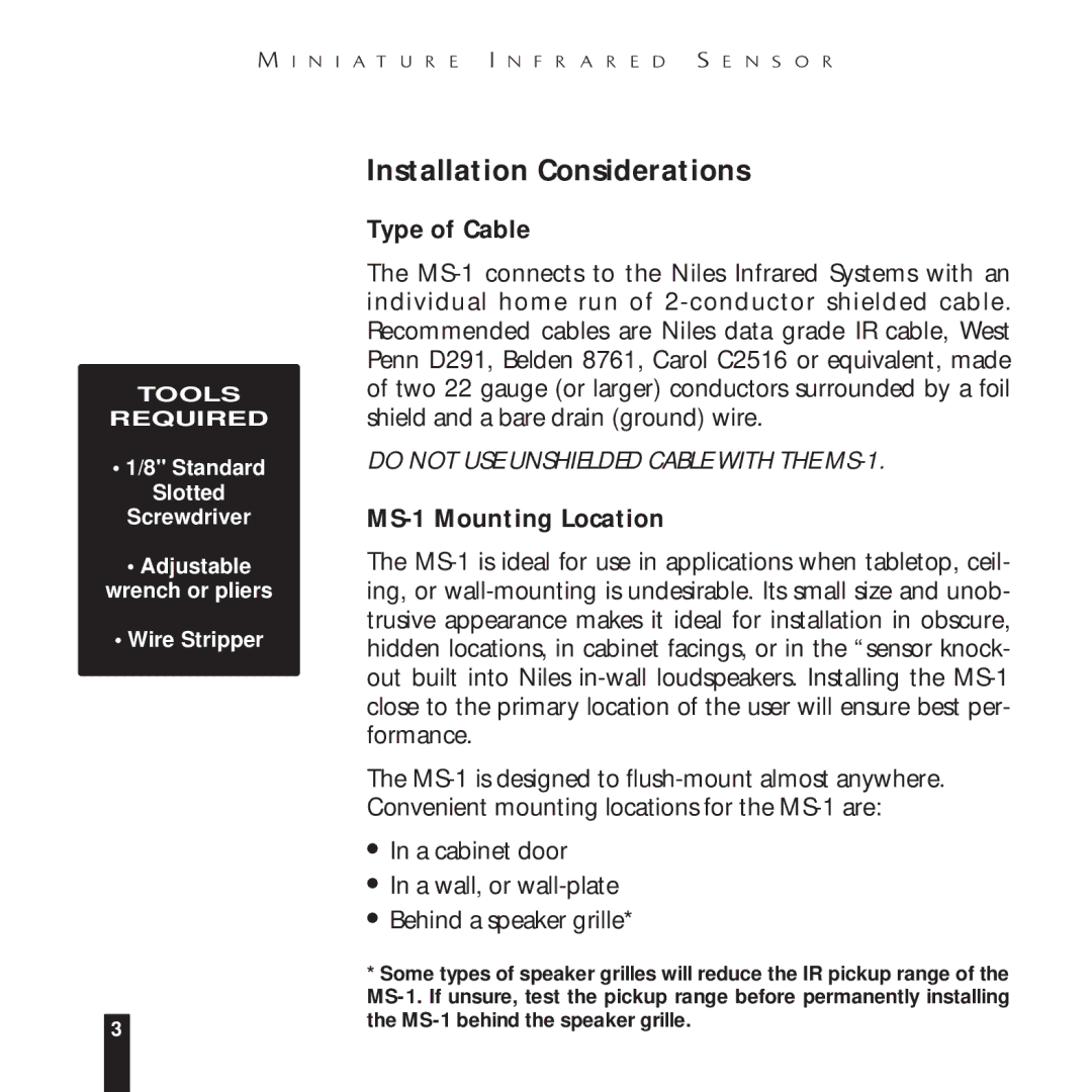 Niles Audio manual Installation Considerations, Type of Cable, MS-1 Mounting Location 