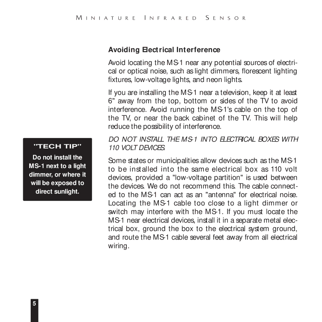 Niles Audio MS-1 manual Avoiding Electrical Interference 