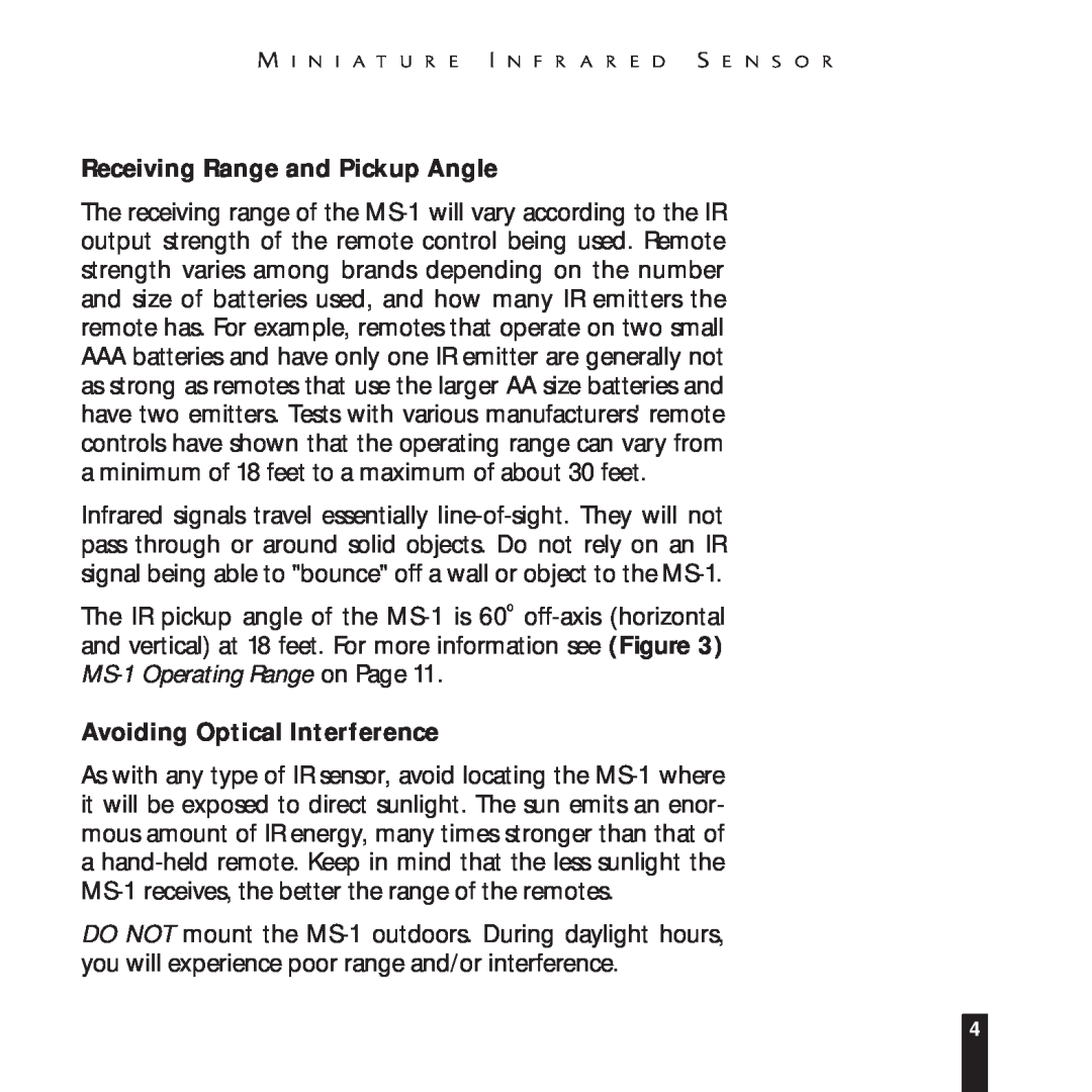 Niles Audio MS-1 manual Receiving Range and Pickup Angle, Avoiding Optical Interference 