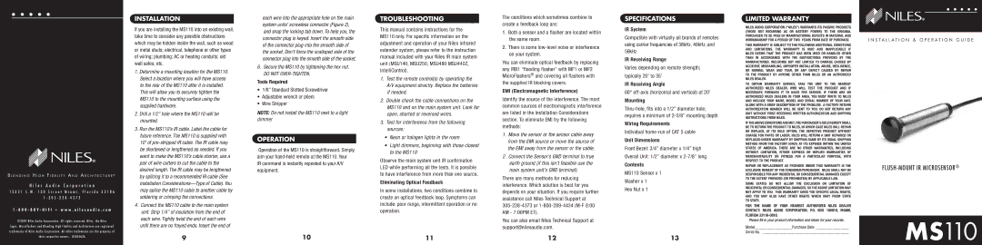 Niles Audio MS110 specifications Installation, Operation, Troubleshooting, Specifications, Limited Warranty 