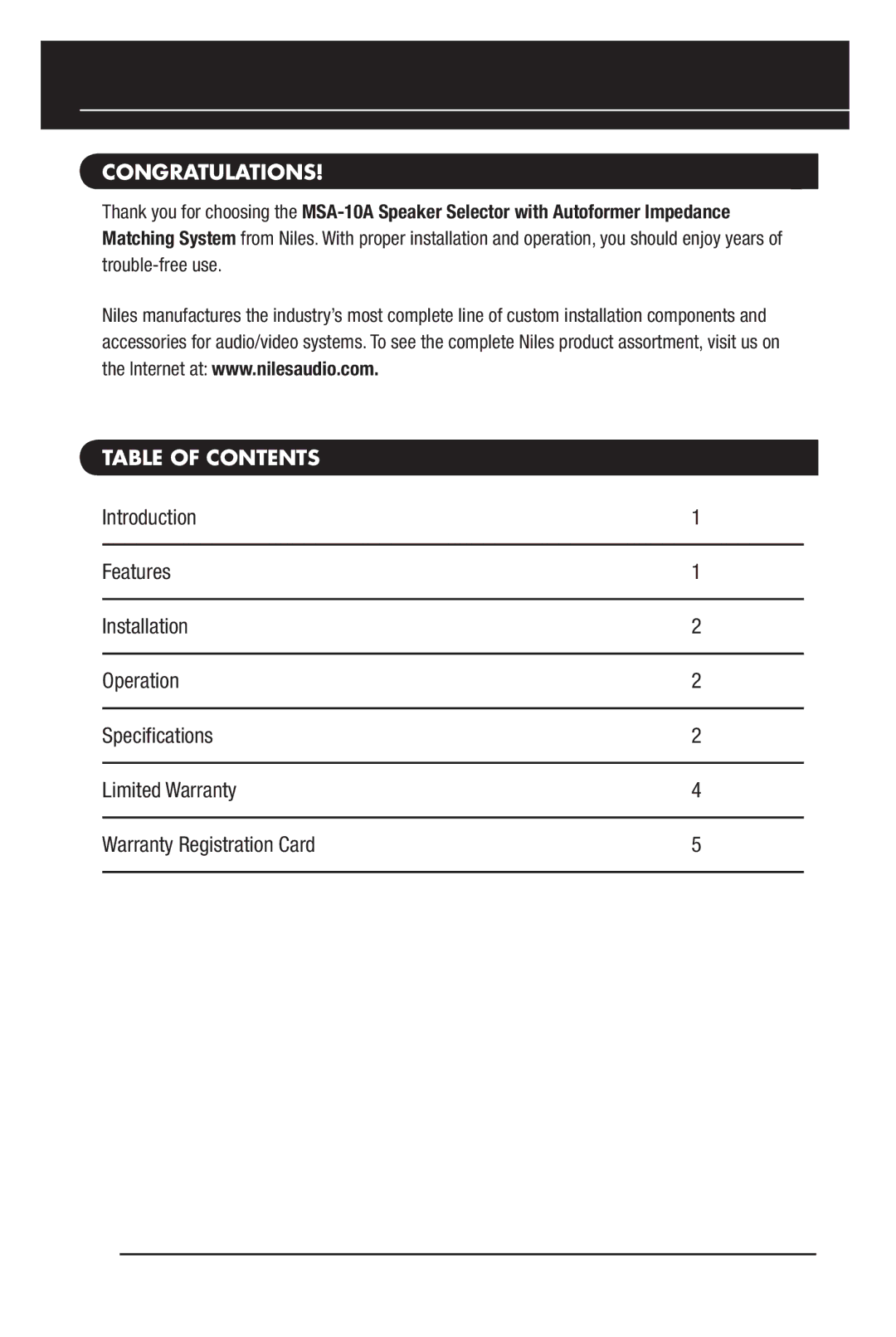 Niles Audio MSA-10A manual Congratulations, Table of Contents 