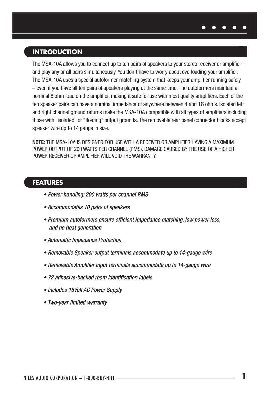 Niles Audio MSA-10A manual Introduction, Features 