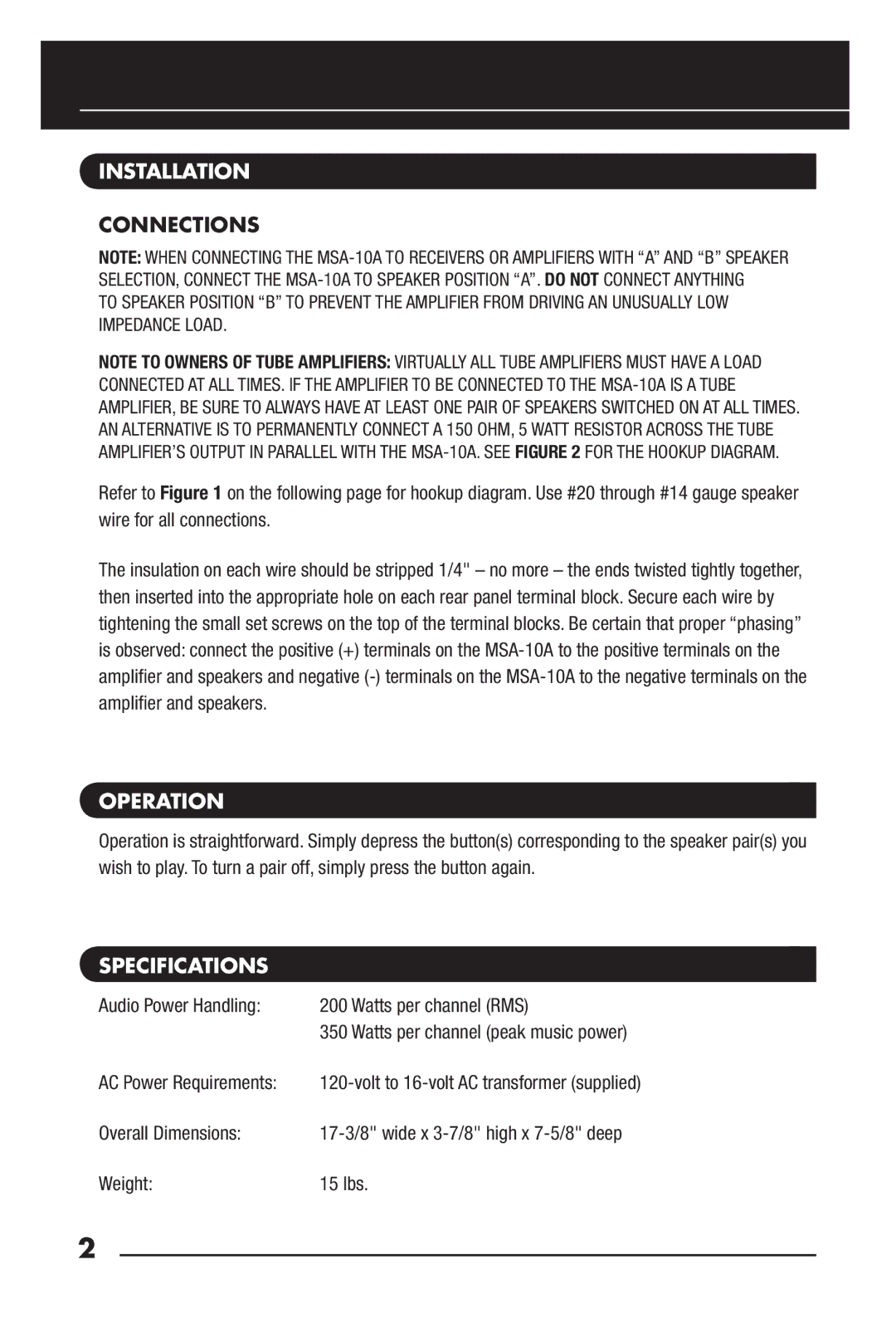 Niles Audio MSA-10A manual Installation, Operation, Specifications 