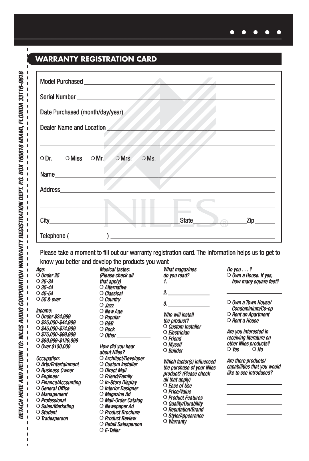 Niles Audio MSA-10A manual Warranty Registration Card 